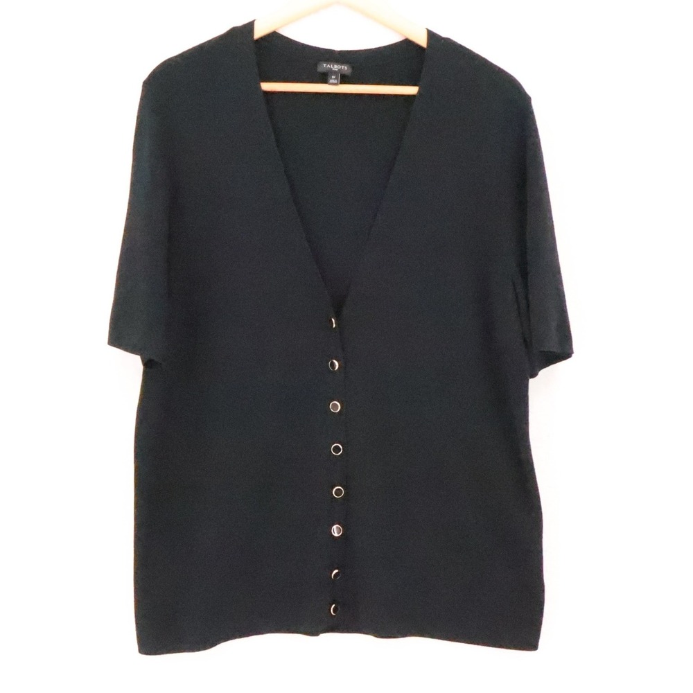 Talbots Plus Button Front Cardigan Sweater Womens Size 1X Black Short Sleeve